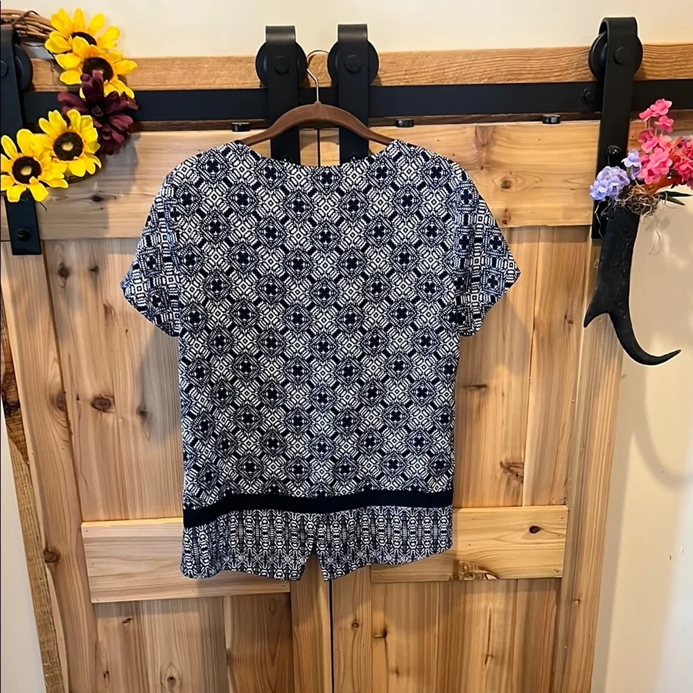 J. Crew Navy and White Geometric Blouse